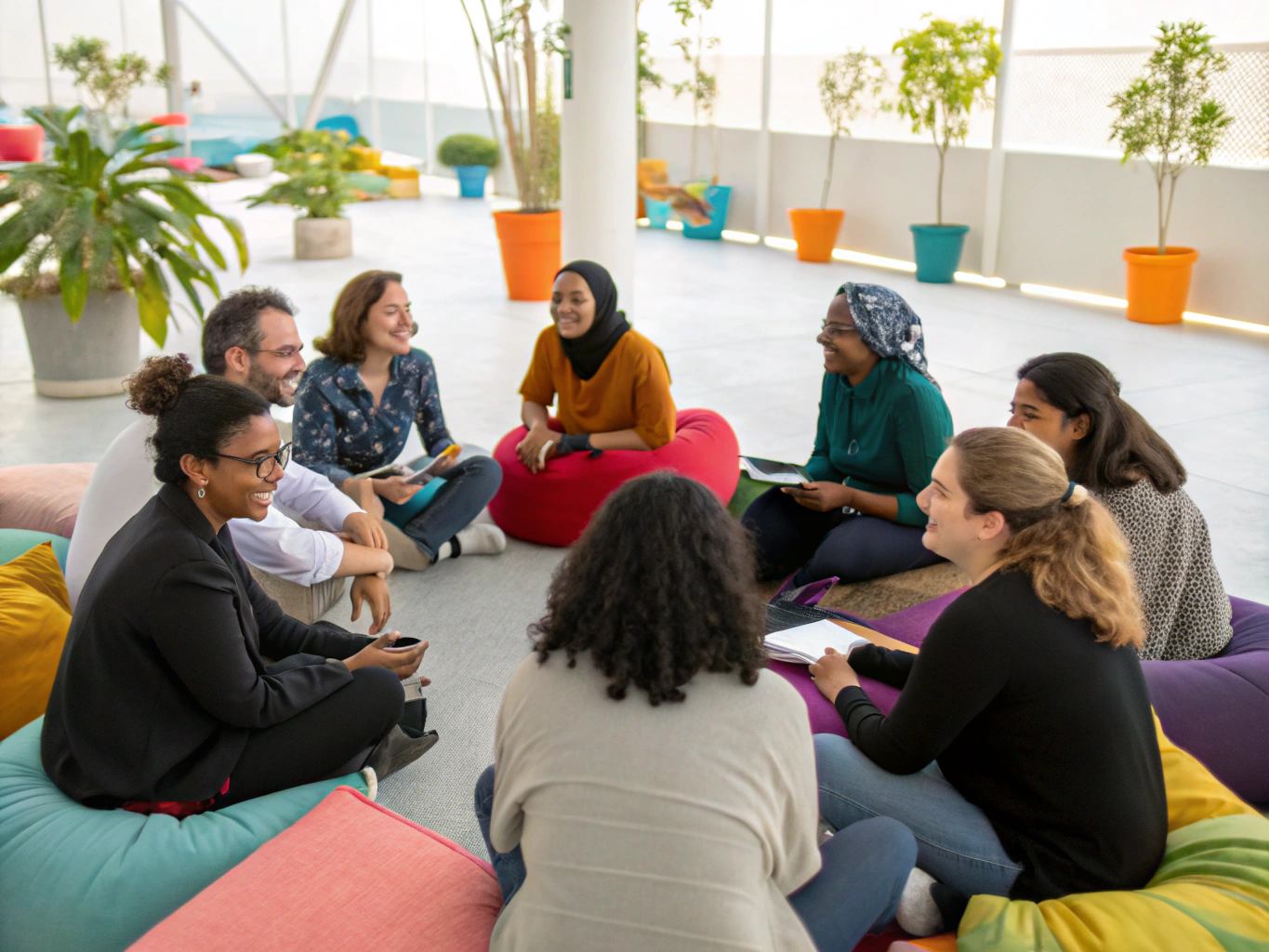 Personas en un círculo de apoyo mutuo compartiendo experiencias en un ambiente cálido y seguro