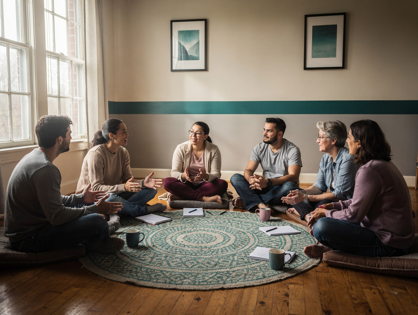 Personas conversando en un círculo de apoyo cálido y comprensivo