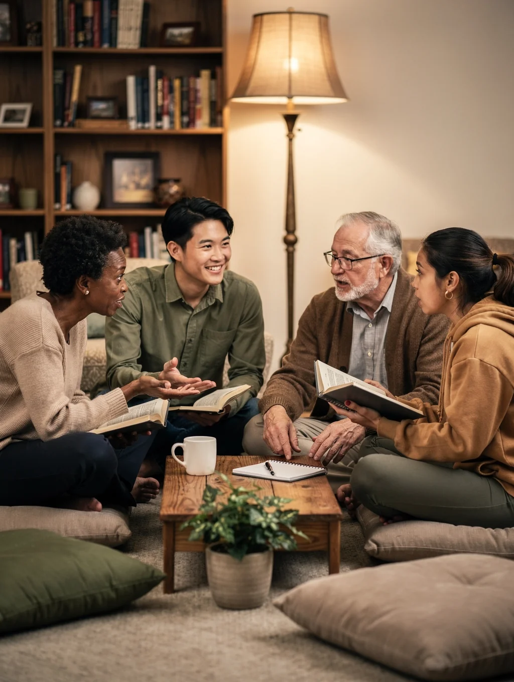 Personas en círculo de apoyo compartiendo experiencias con serenidad